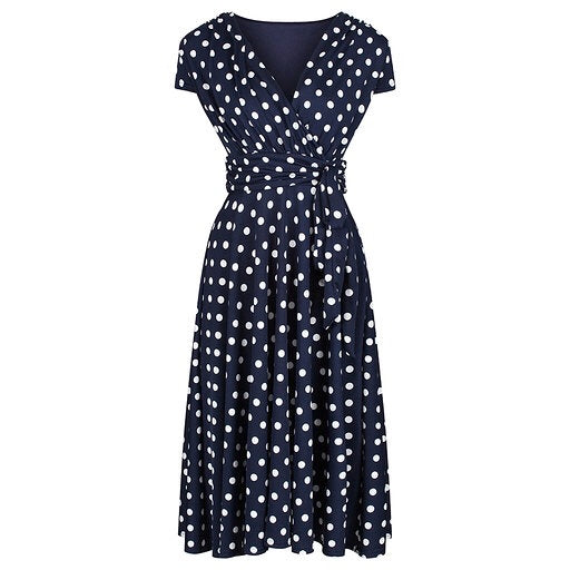 Navy Blue Polka Dot Cap Sleeve Fit And Flare Midi Dress - Pretty Kitty  Fashion